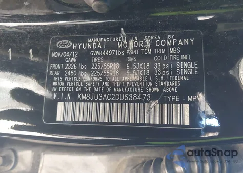 2013 Hyundai Tucson Limited z USA, uszkodzony, nr VIN KM8JU3AC2DU638473